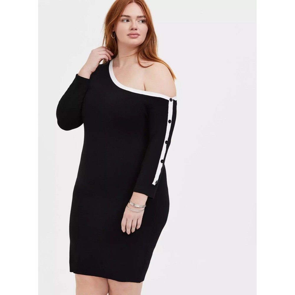 Torrid Sweater Dress Womens 1 Black White Stretch Button 3/4 Sleeves
